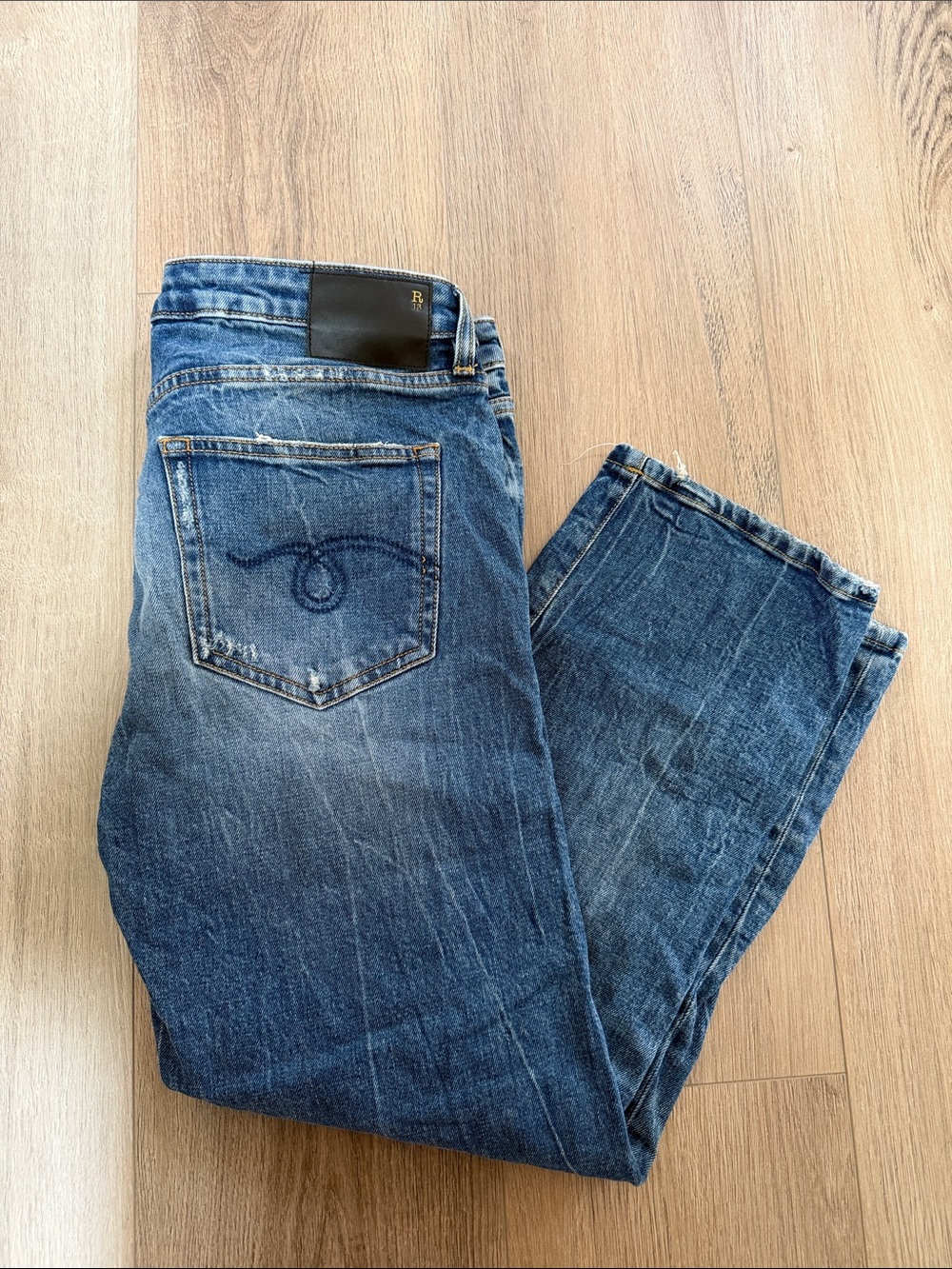 R13 Distressed Blue Straight Kick Jeans